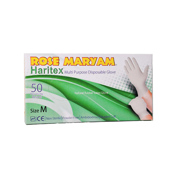 دستکش لاتکس بدون پودر رز مریم سایز L 50 عددی